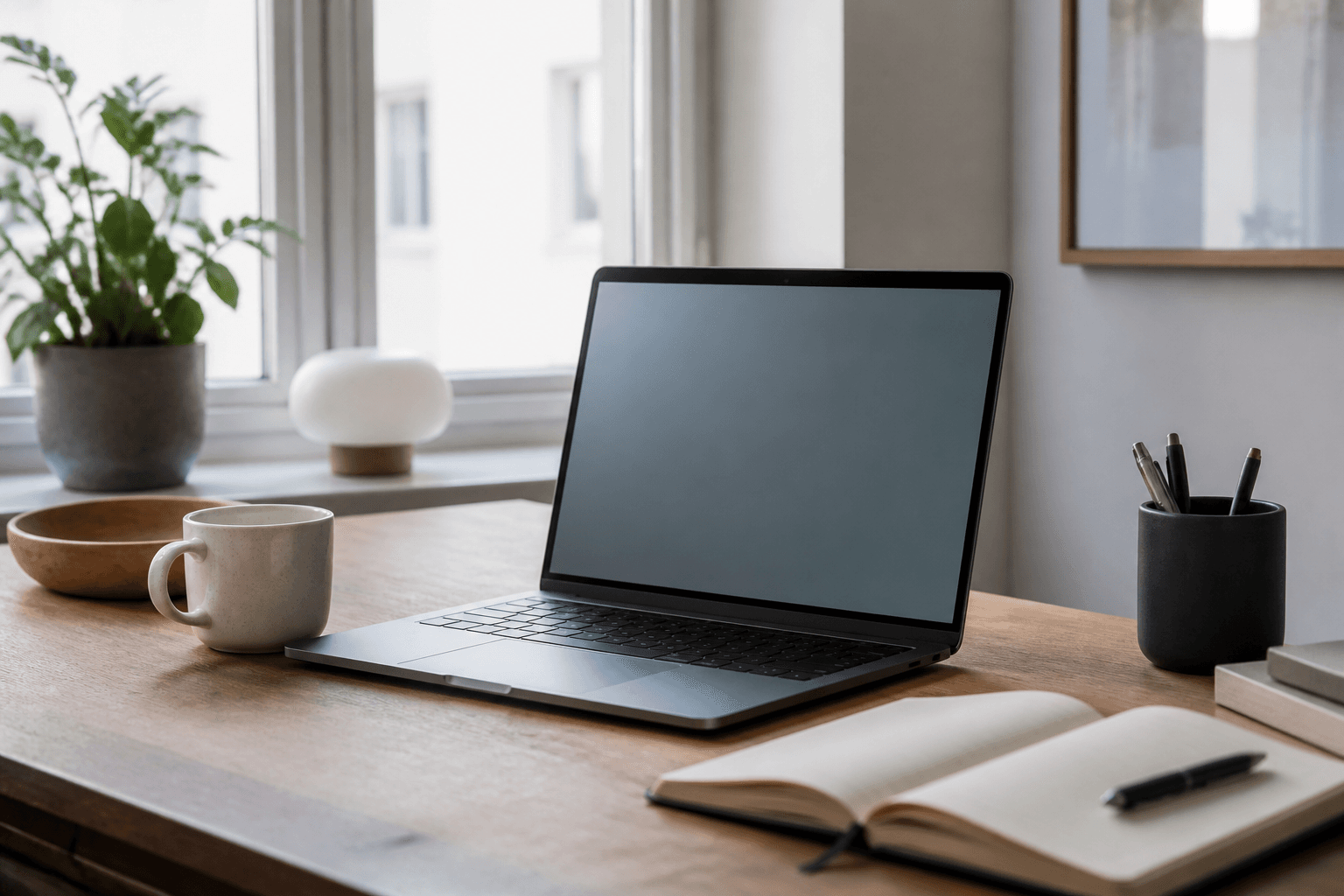 Laptop op een opgeruimd bureau, klaar voor hybride werken